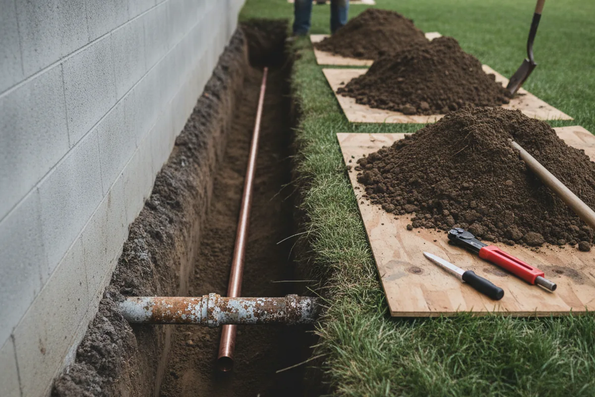 Excavated water line trench during Water Softener Installation in Rushville